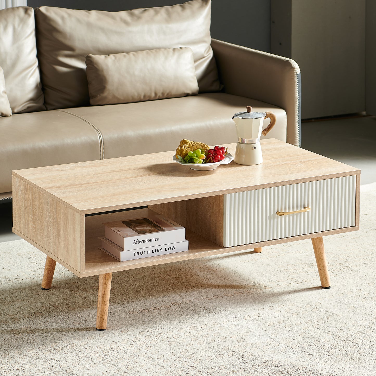Coffee Table with Sliding Drawer: Rectangle Design, Solid Wood Legs-6 Colors