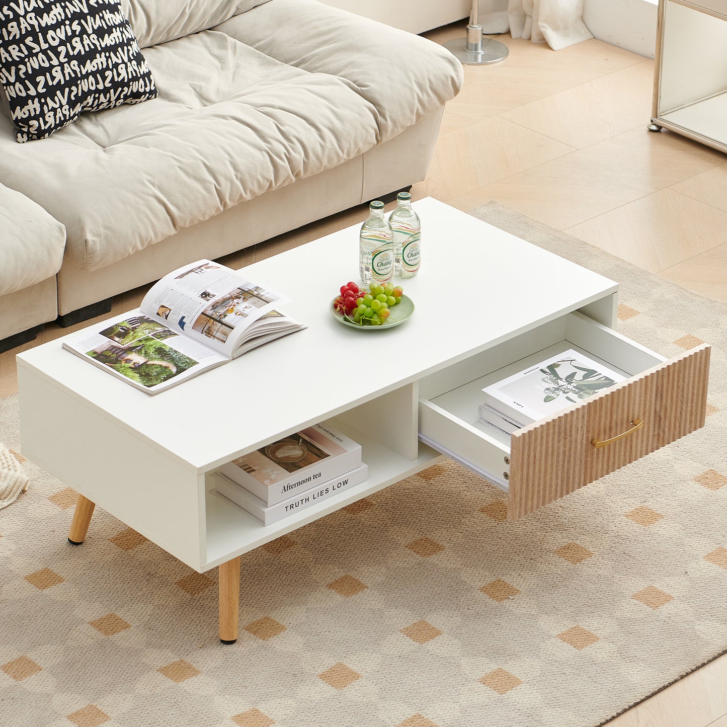 Coffee Table with Sliding Drawer: Rectangle Design, Solid Wood Legs-6 Colors