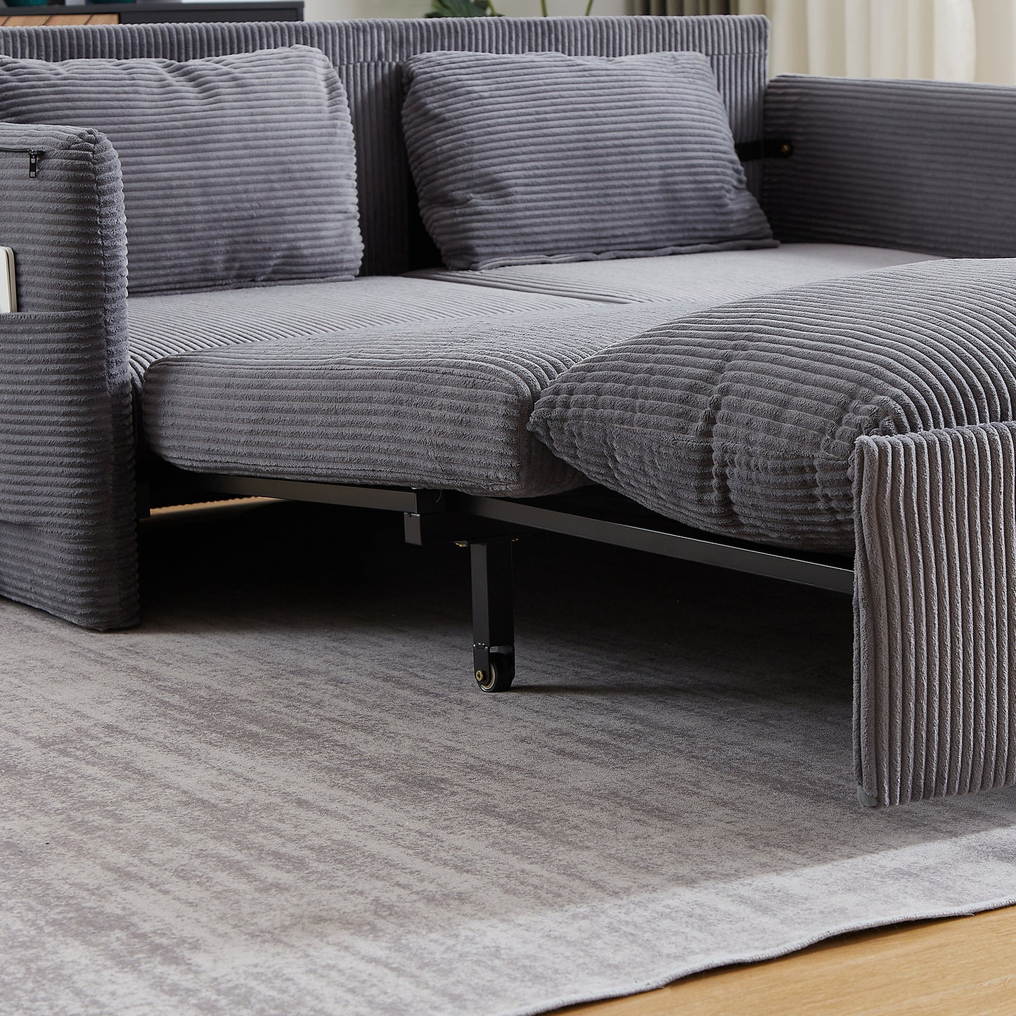 Sleeper Sofa Bed 3-in-1 Adjustable Sleeper with Pullout Bed, 2 Pillows and Side Pockets – Corduroy Loveseat