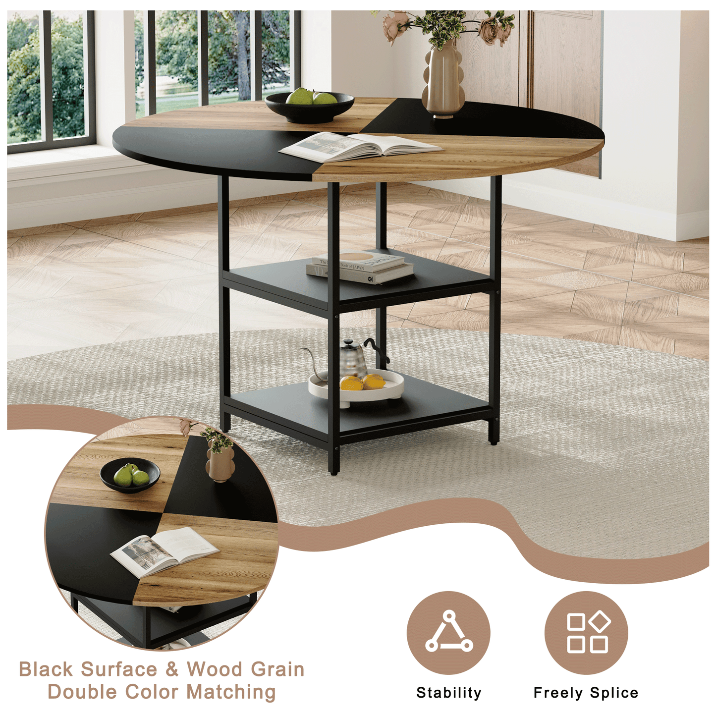 47.3 - Inch Spliced - Color Circular Dining Table Set: 4-6 Black PU Chairs, Double - Layer Storage