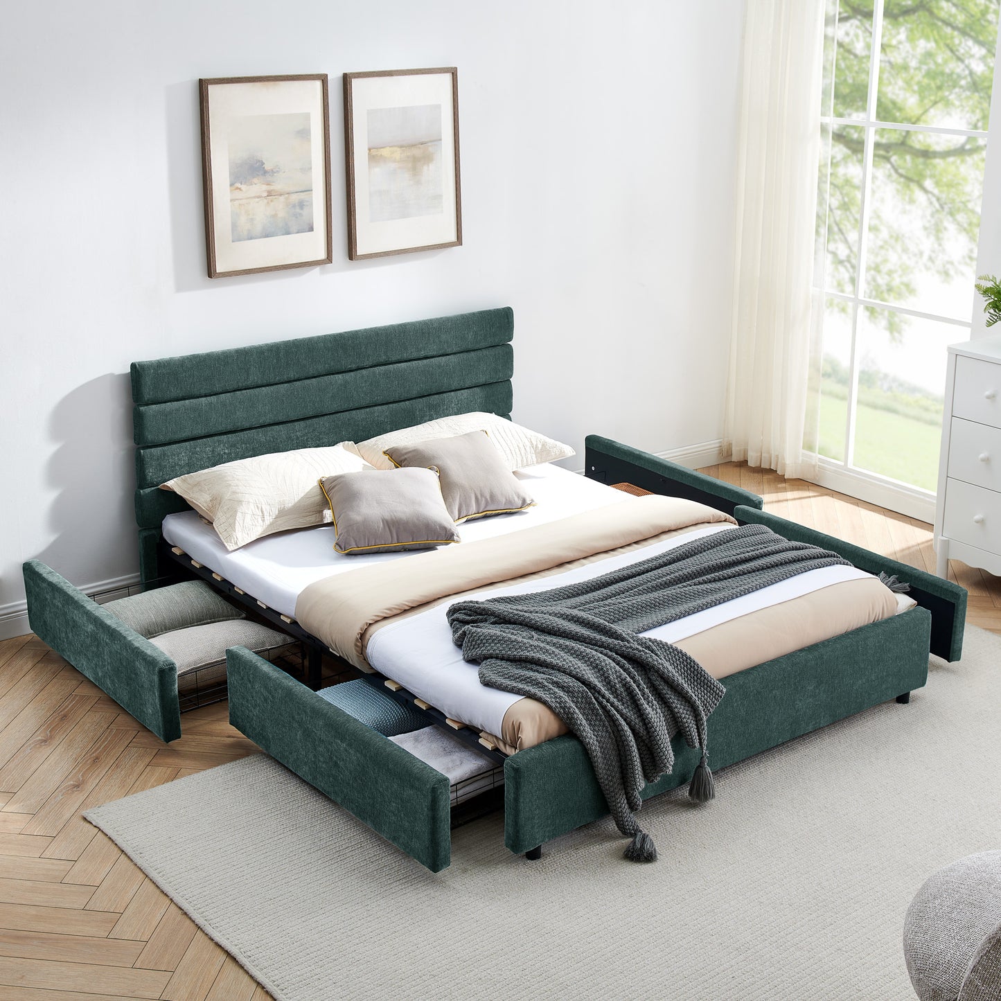 Comfortable Cushioned Bed Frame with Drawers: Headboard & Solid Build 3Colors