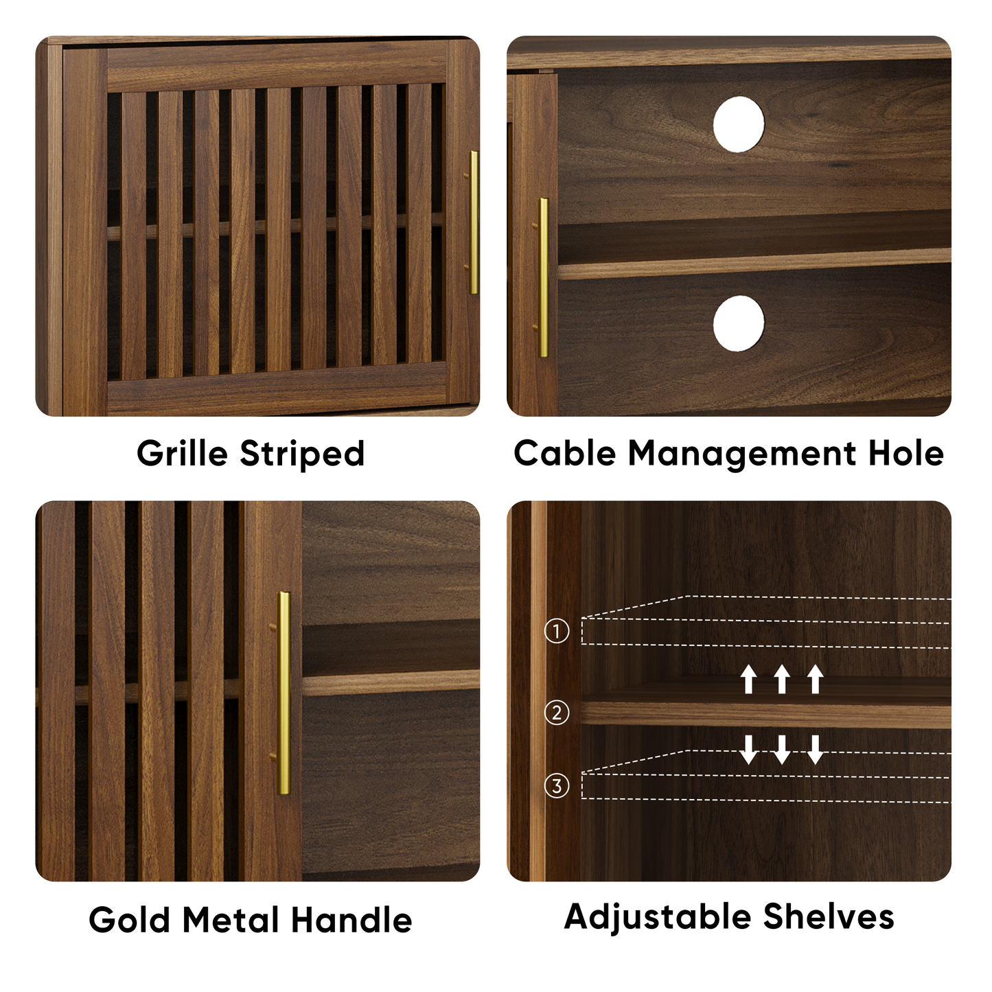 63 - Inch TV Stand with 2 Grille Door Cabinets and Adjustable Storage Rack - Ideal for 55/65/70 - Inch TVs in Medieval Modern Interiors - Walnut Wood Entertainment Center