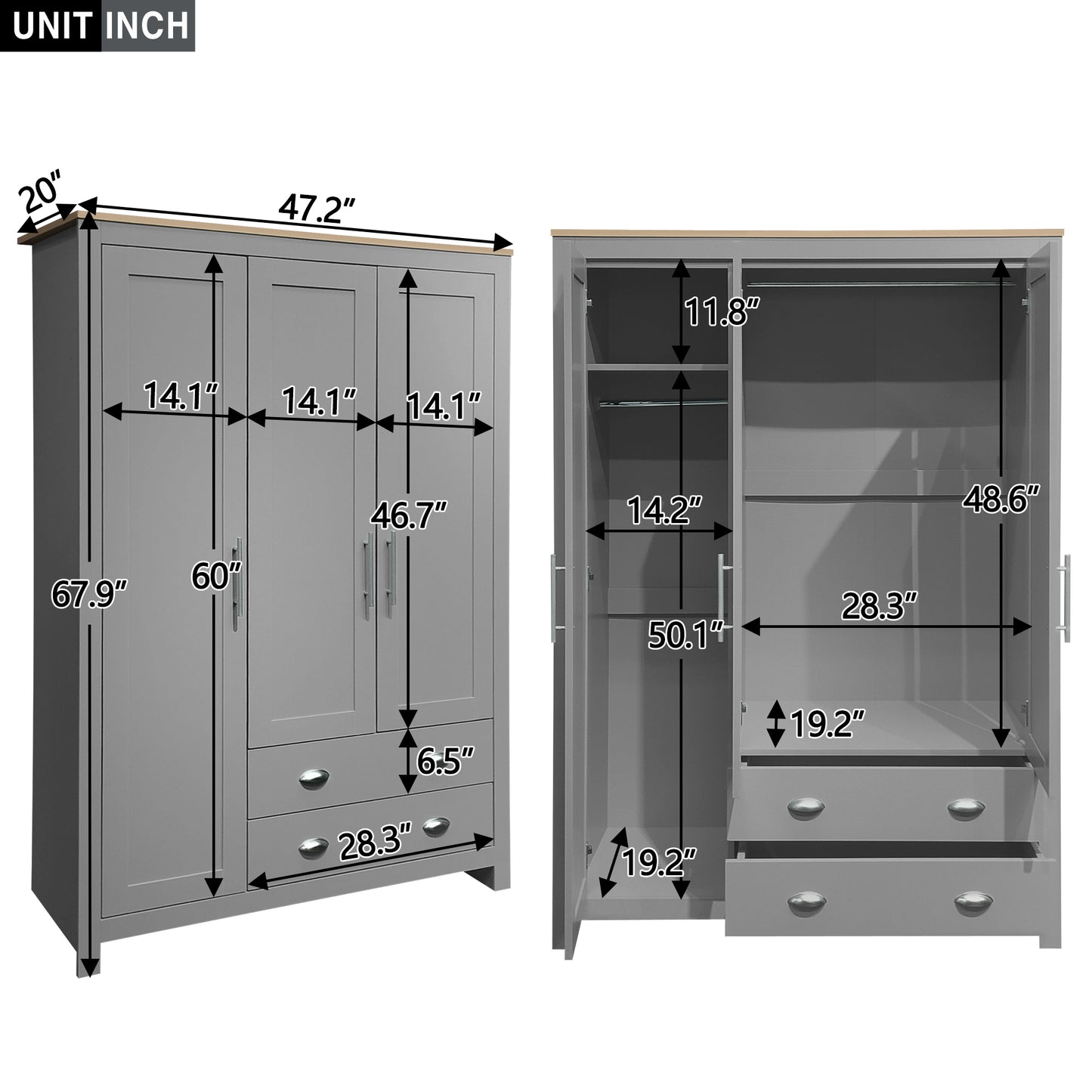 3 - Door Gray Storage Wardrobe: 2 Drawers, 2 Hanging Rods for Organized Storage