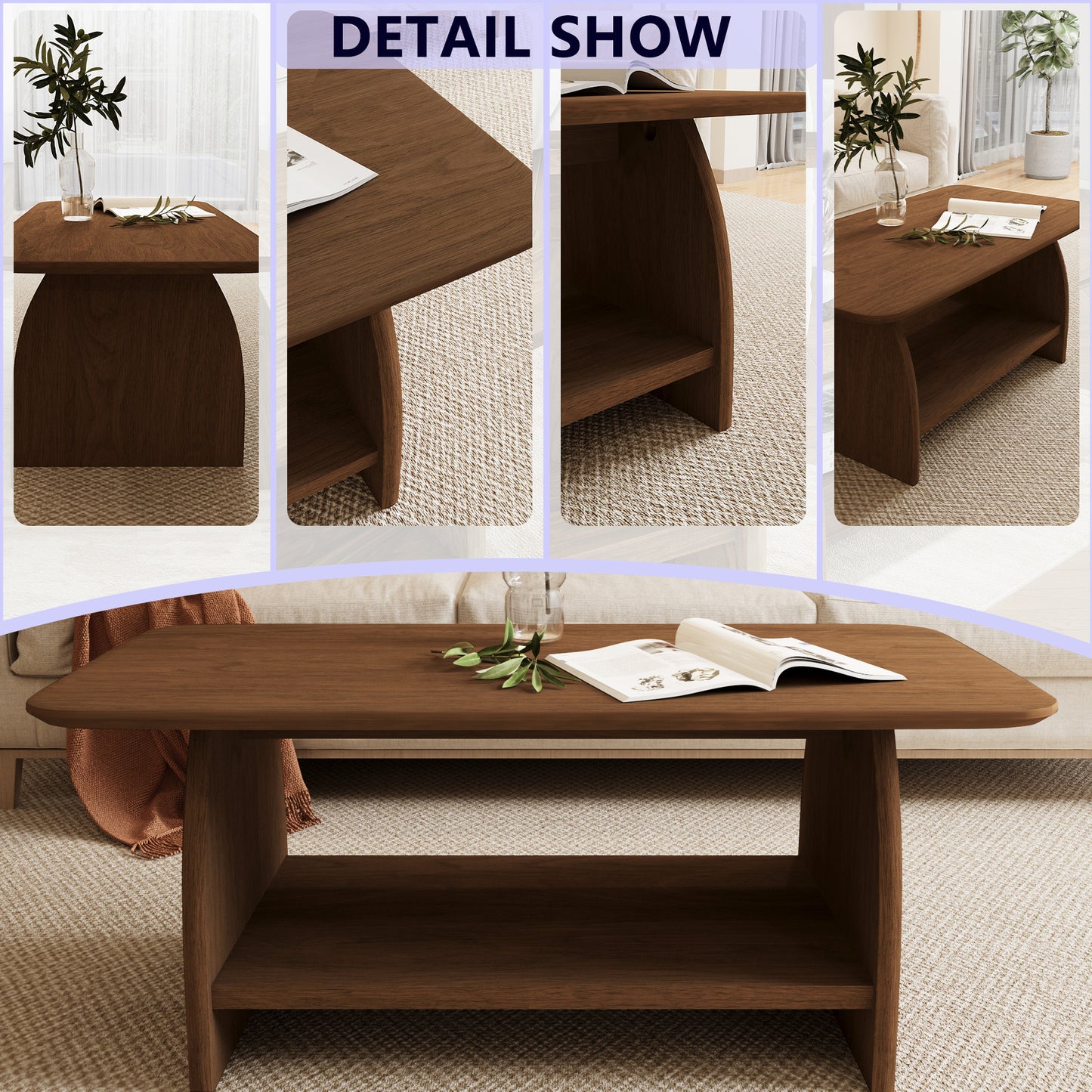 Double-layer rectangular coffee table with storage function, rounded corner design, MDF material