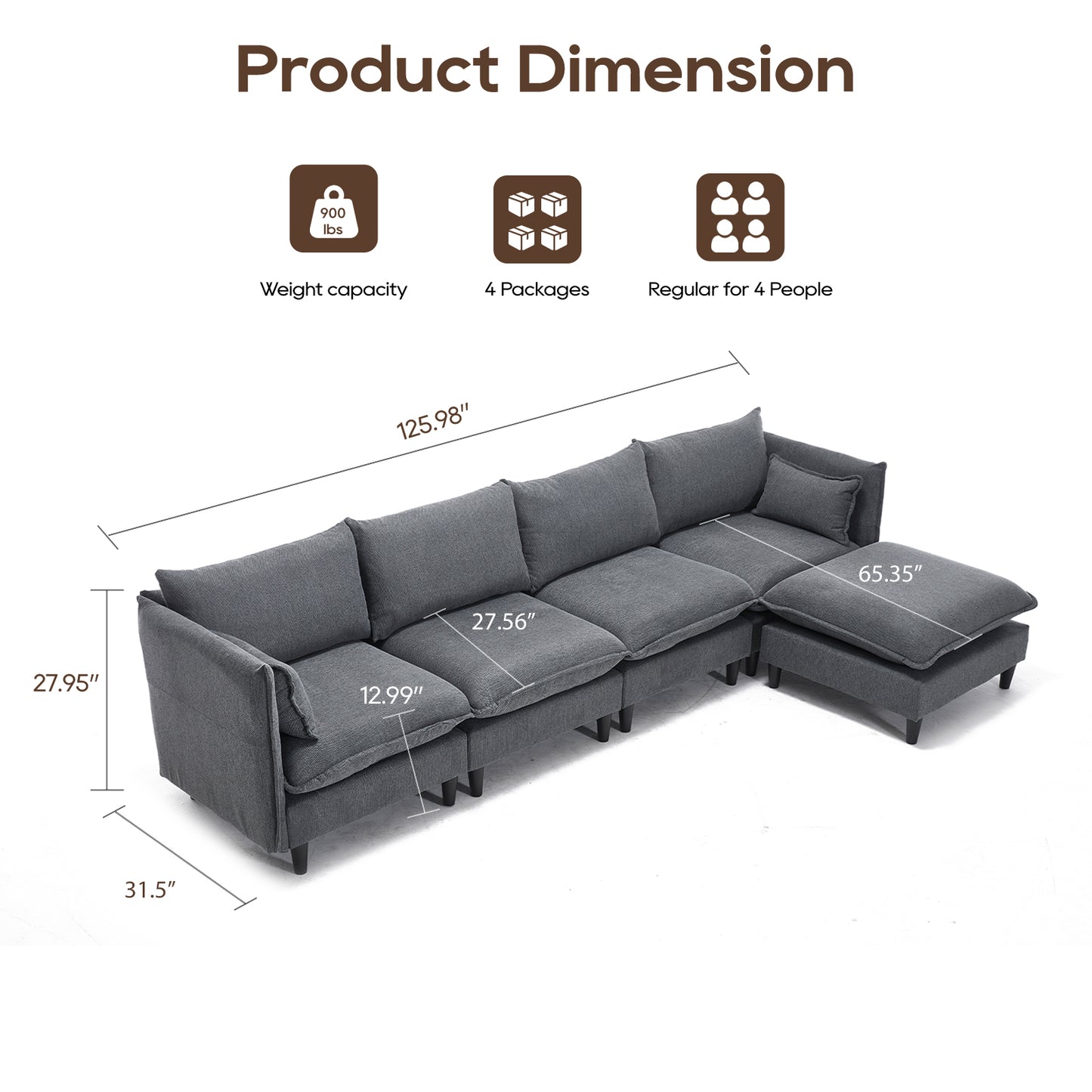 Modular L - Shaped Sectional Sofa for Living Room: 4 - Seater with Movable Ottoman 2 Colors