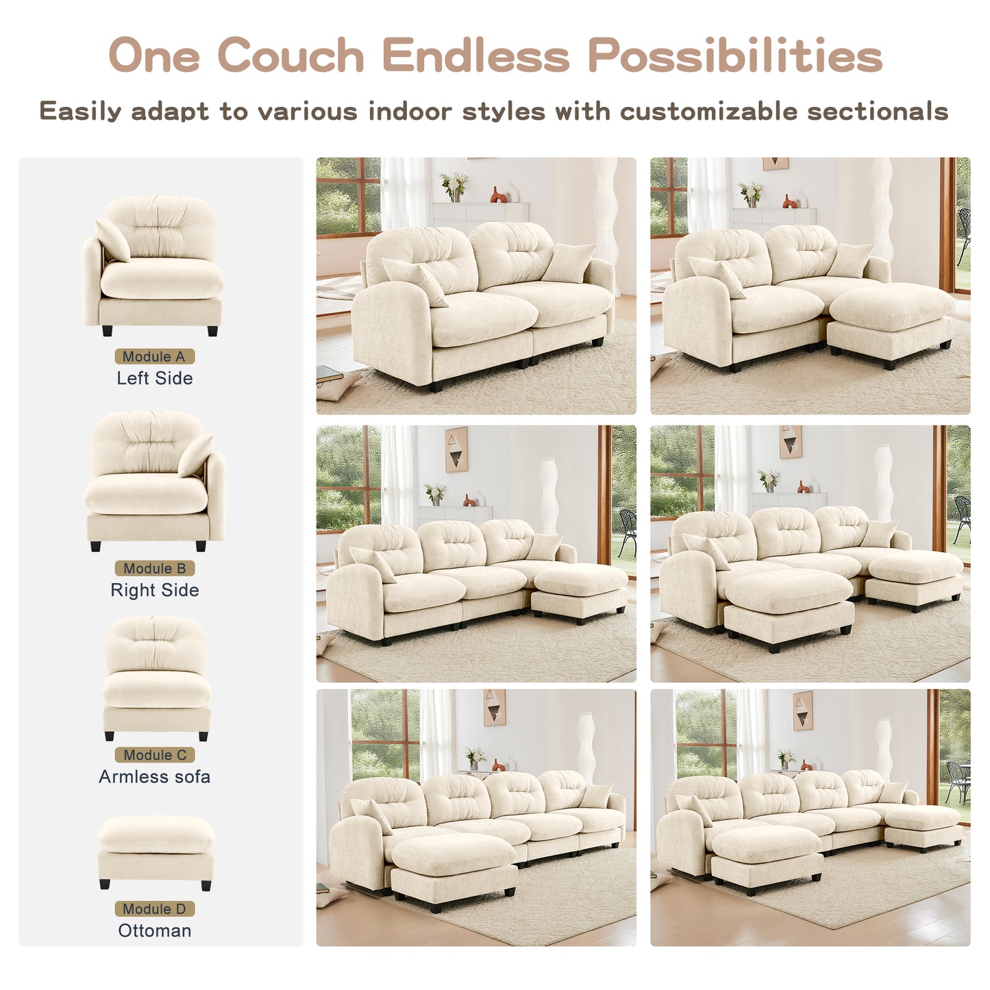 Modular Sectional Couch Chenille Fabric High-Density Foam 2-4 Seats ottoman Optional