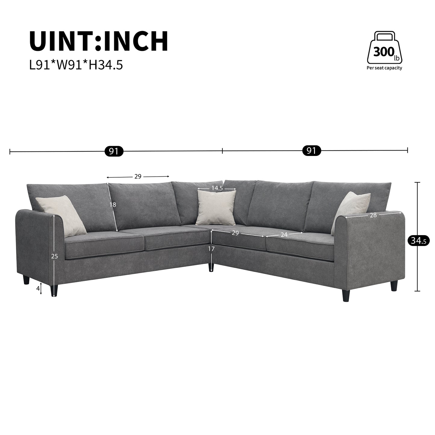 L - Shape Furniture Couch: 91*91", Modern Upholstery, 3 Pillows Dark Gray