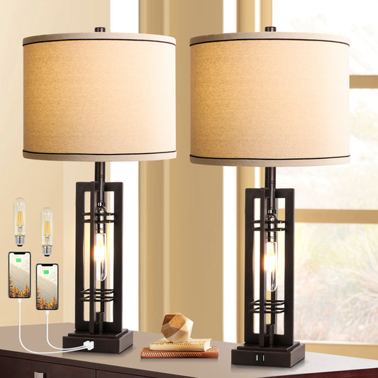 27.5" Rustic Table Lamps - USB Ports, Set of 2 for Living Room & Nightstand