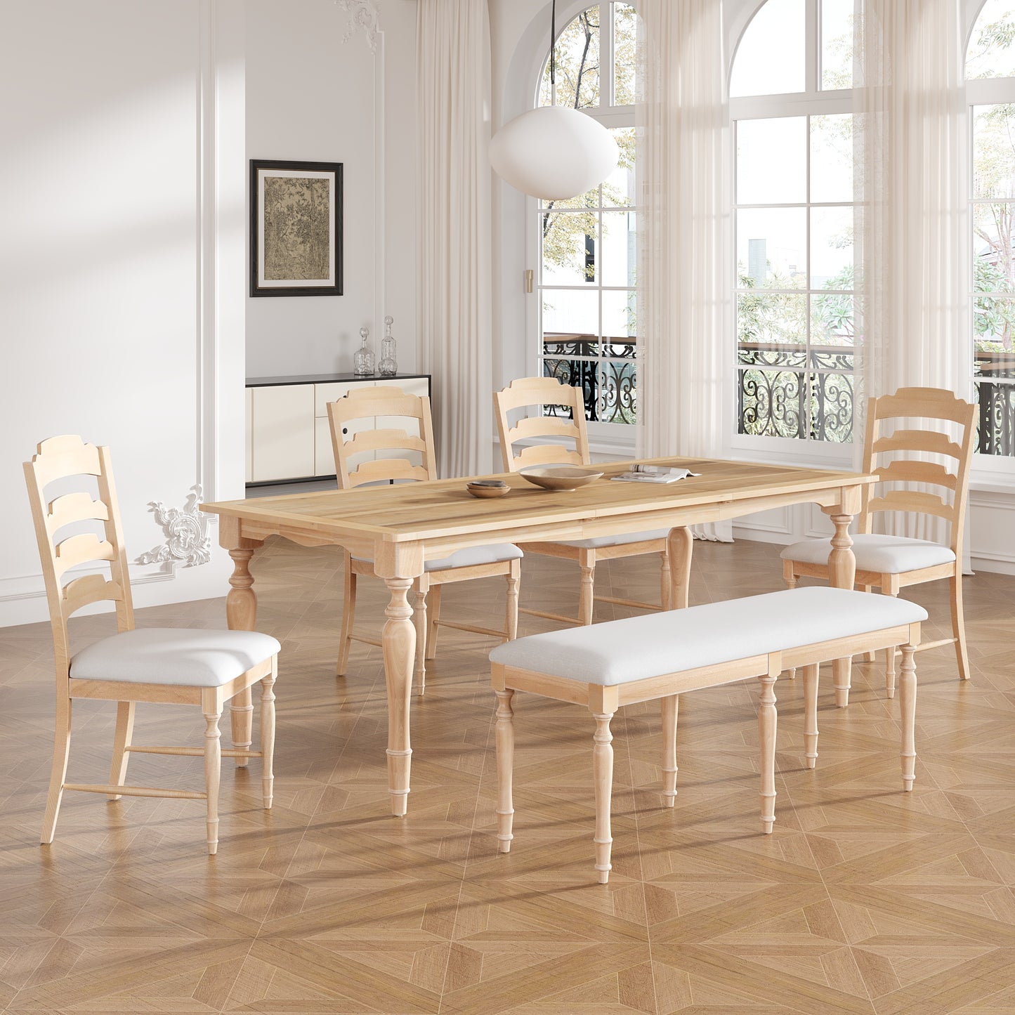 82.7inch 6-Piece Dining Table Set with 23.6inch Leaf, 50.4inch Bench and 4 Chairs