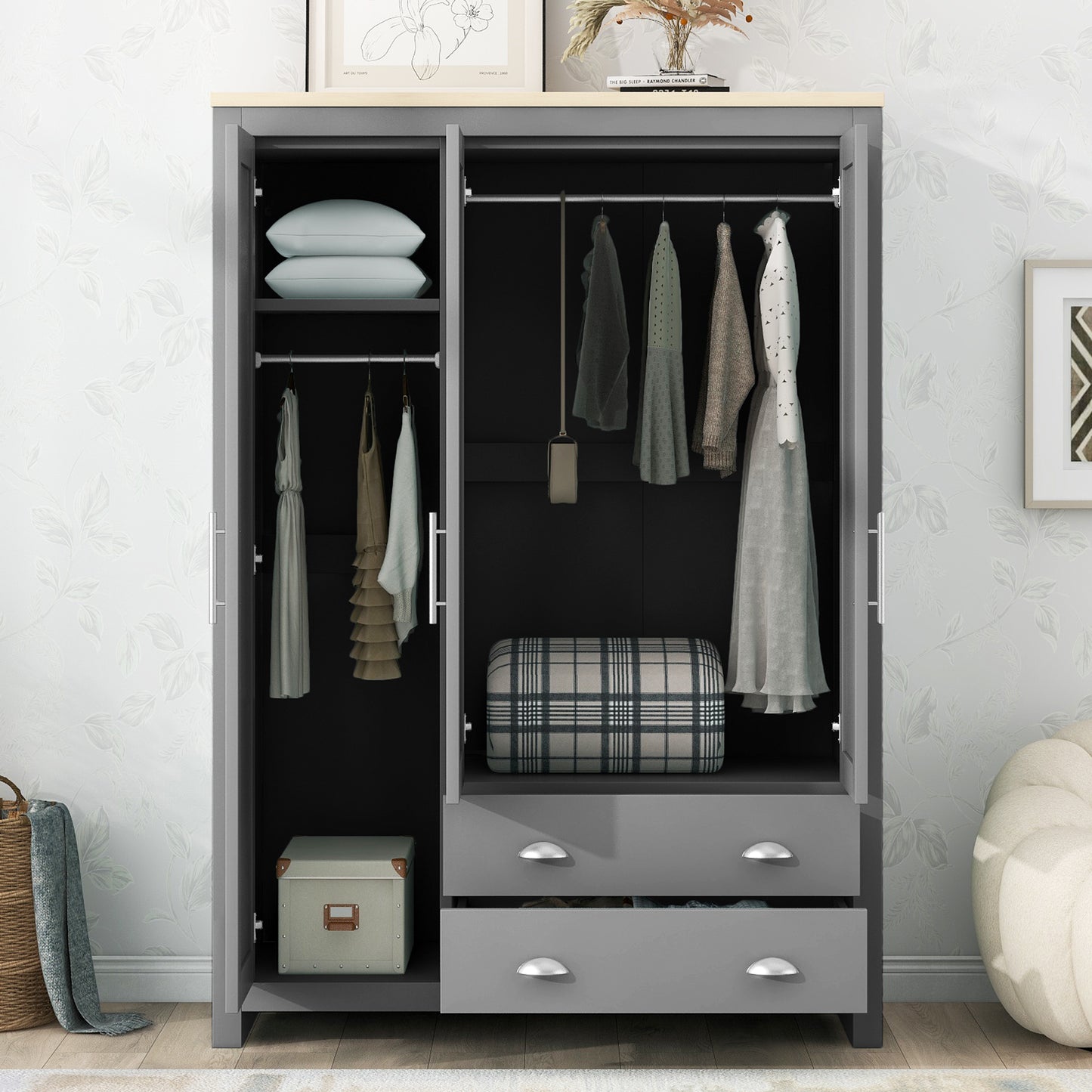 3 - Door Gray Storage Wardrobe: 2 Drawers, 2 Hanging Rods for Organized Storage