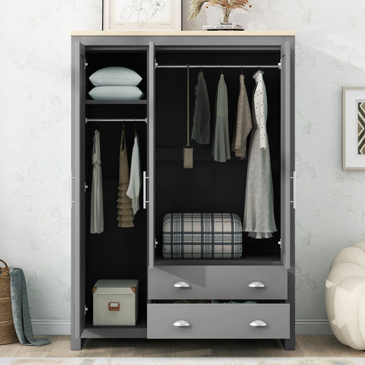 3 - Door Gray Storage Wardrobe: 2 Drawers, 2 Hanging Rods for Organized Storage