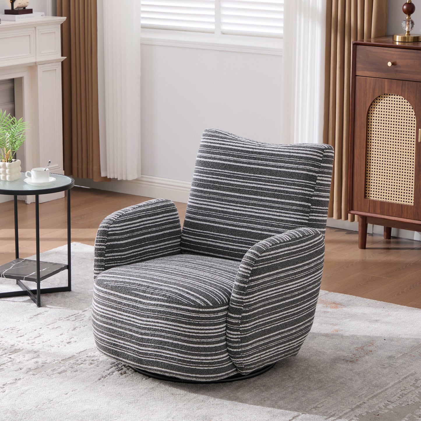 Swivel Leisure Chair | Fabric Striped Armrest Swivel Chair with Sand-Rimmed Fabric Metal Bracket – Boucle