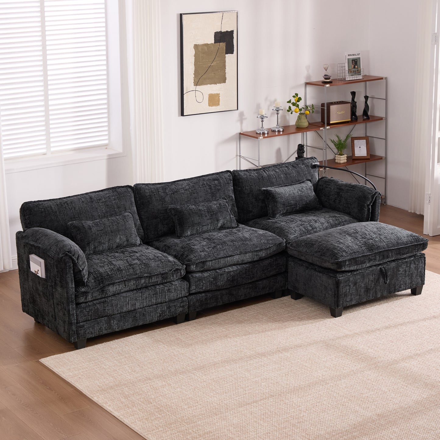 Modern Chenille L Shaped Couch, Comfy Boucle Modular Sofa Sleeper with Movable Storage Ottoman, Phone Holder, USB Charging Port
