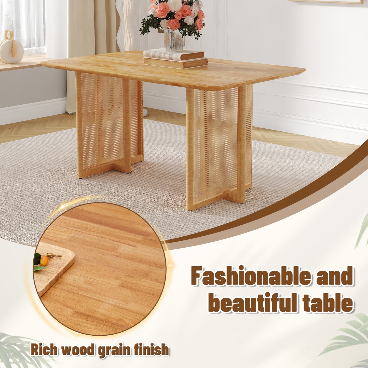 Ancient Style Solid Wood Dining Table Set: Imitation Rattan Legs, 4 - 6 Rubberwood Chairs