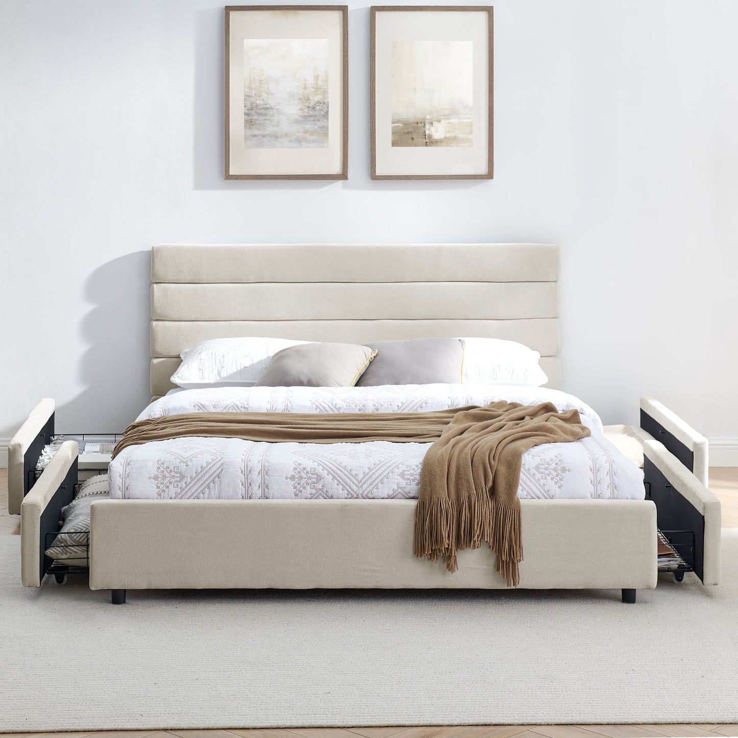 Comfortable Cushioned Bed Frame with Drawers: Headboard & Solid Build 3Colors