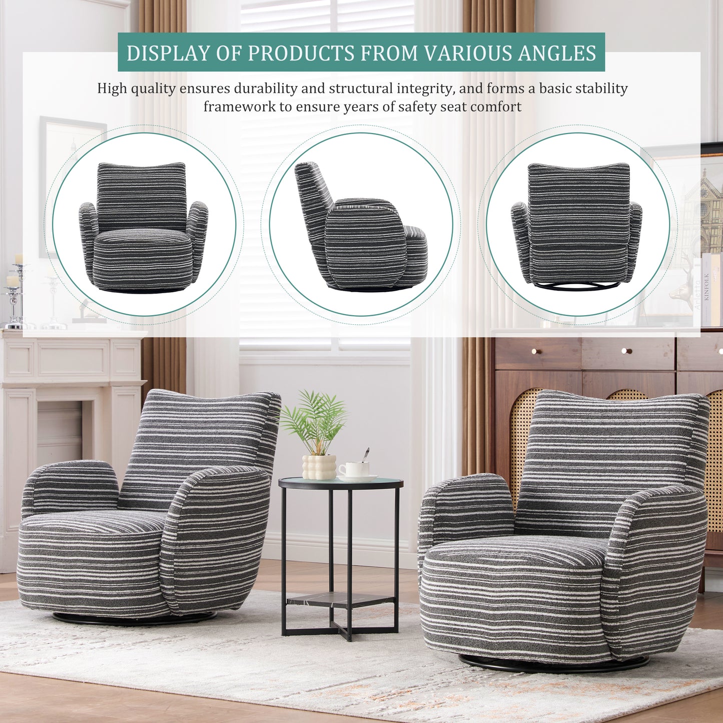 Swivel Leisure Chair | Fabric Striped Armrest Swivel Chair with Sand-Rimmed Fabric Metal Bracket – Boucle