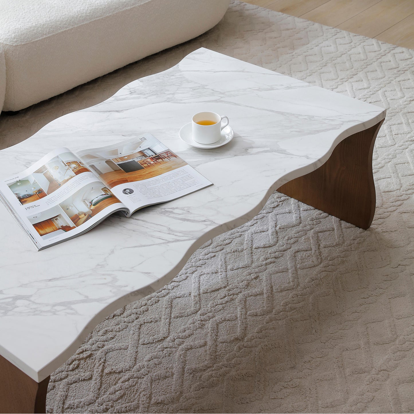 Modern Faux Marble Coffee Table  End Table Set | White Marble Top, Solid Wood Veneered Base – Flowing Wave Design, Natural/Walnut