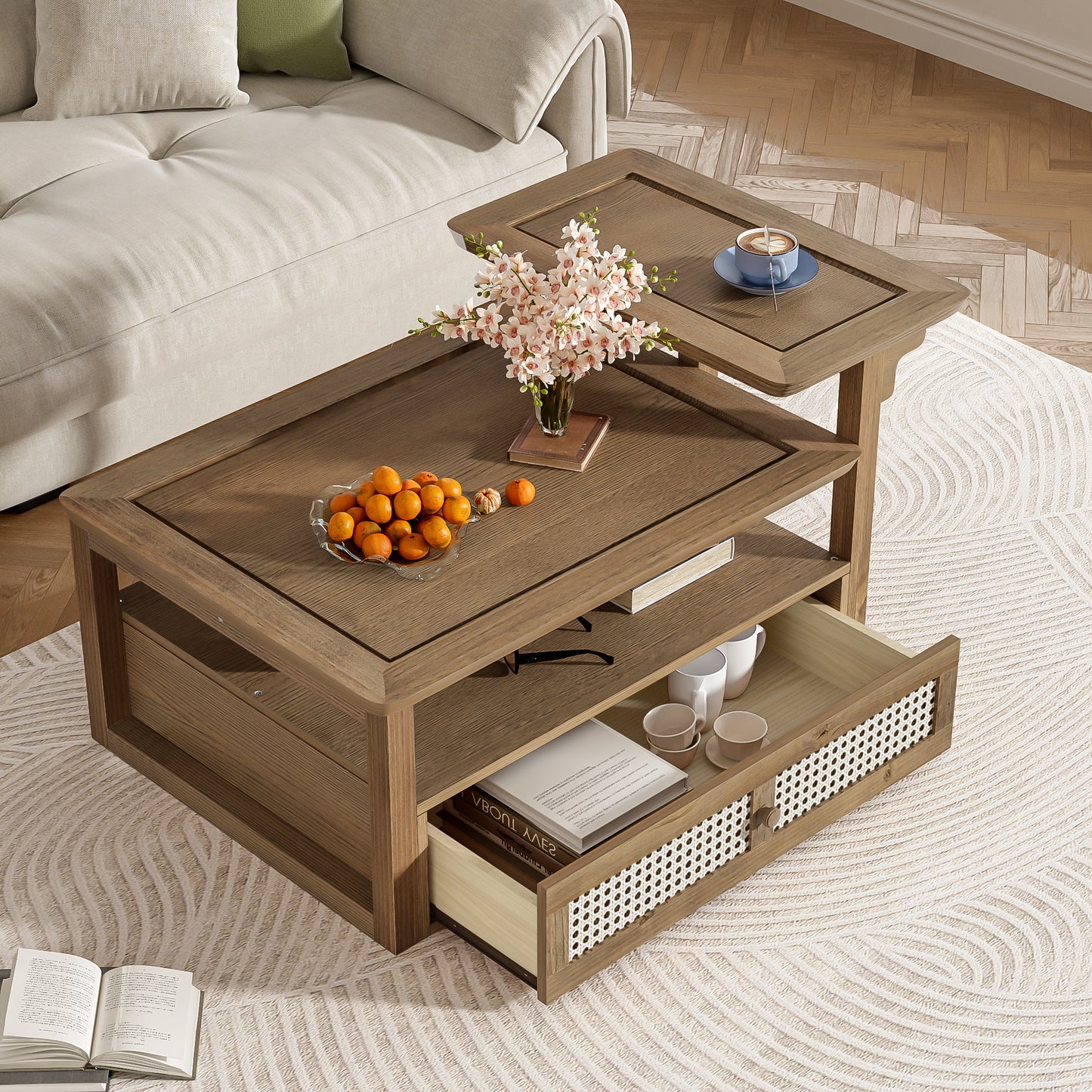 Modern Living Room Coffee Table: 1 Storage Shelf, 2 Tabletops & Rattan Drawer