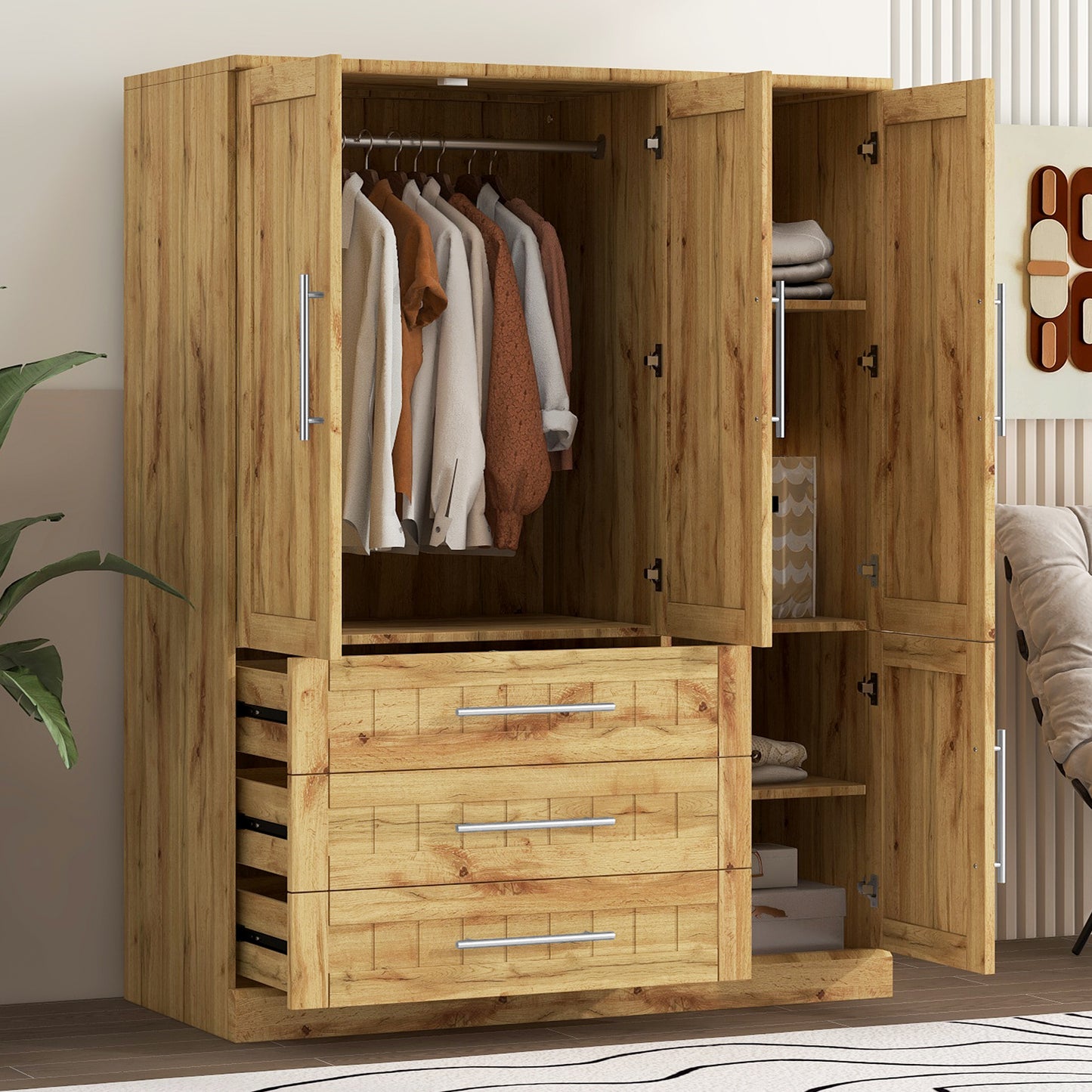 4 - Door Wardrobe Armoire Closet: 3 Drawers for Ample Storage