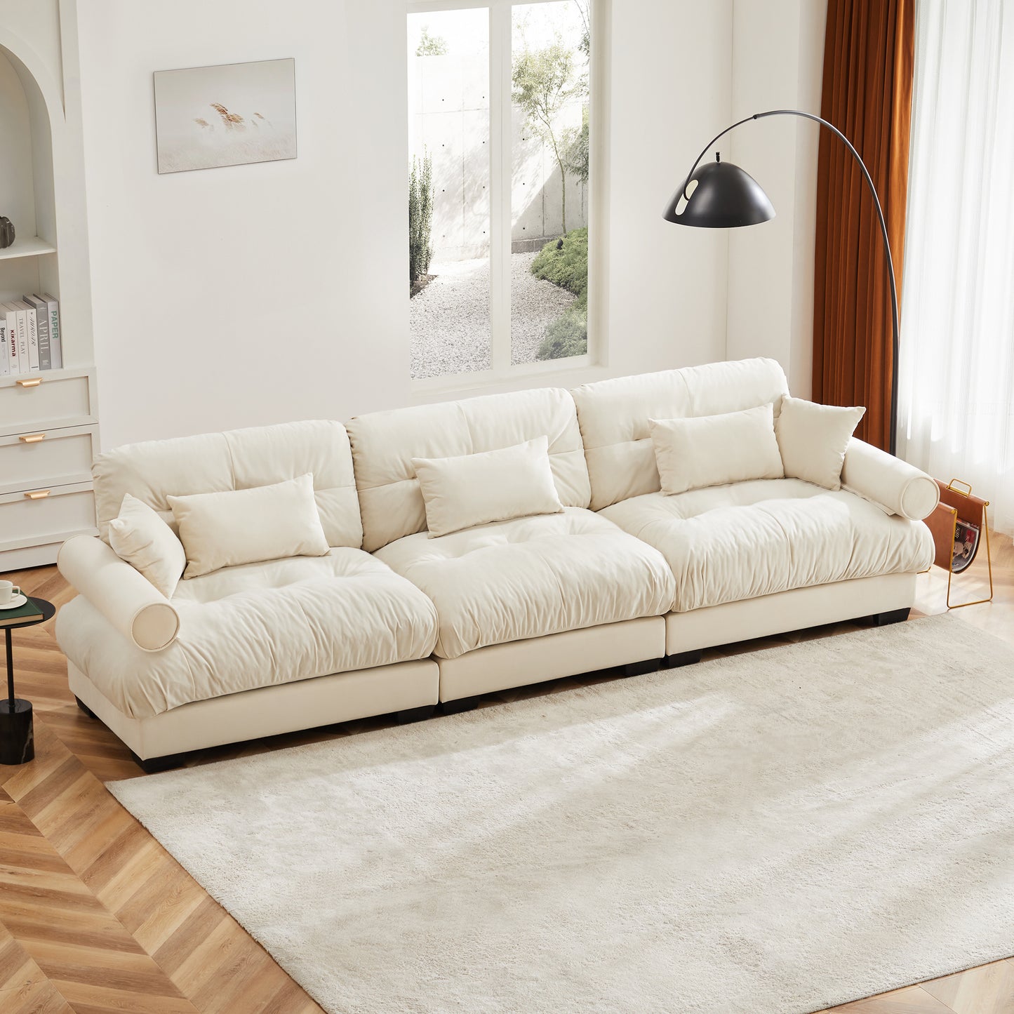 Deep Seat Cloud Couch in Cream: Modular Velvet Sectional with Bolstered Armrests 2-3-4 seats