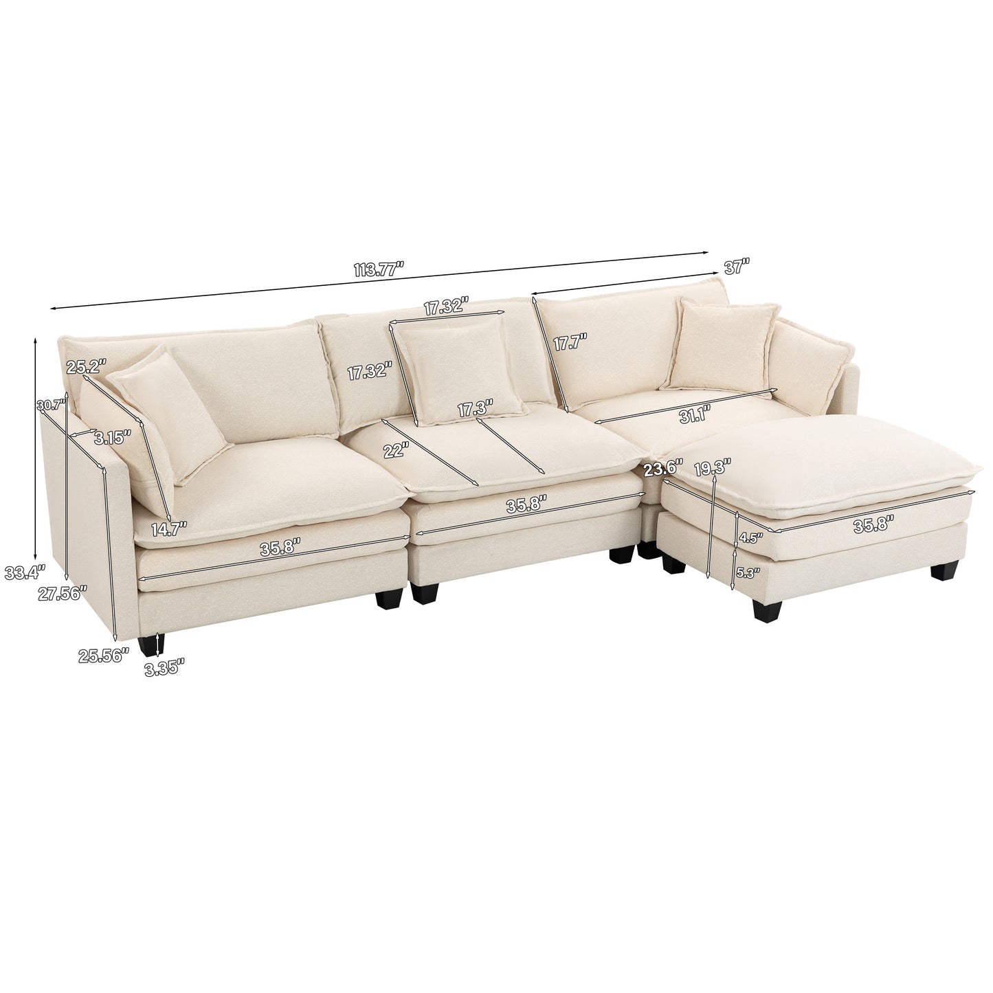 Modern Modular Chenille Sectional Sofa – 2-Seat / 3-Seat+Ottoman / 4-Seat+2Ottoman