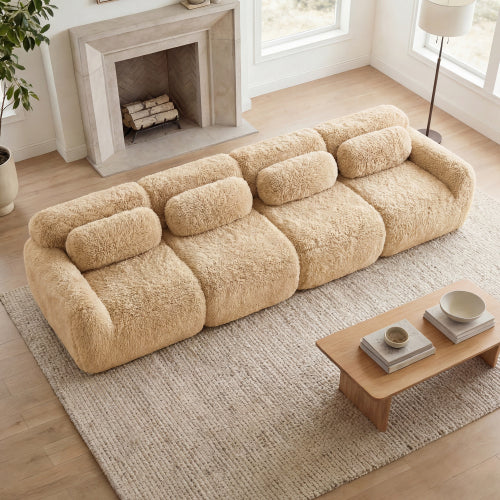 2-4 Seat Soft  Fluffy Plush Boneless Sofa – Modular Sectional with Throw Pillows, 32D High-Density Sponge, No Assembly, Anti-Slip Buckle Connection