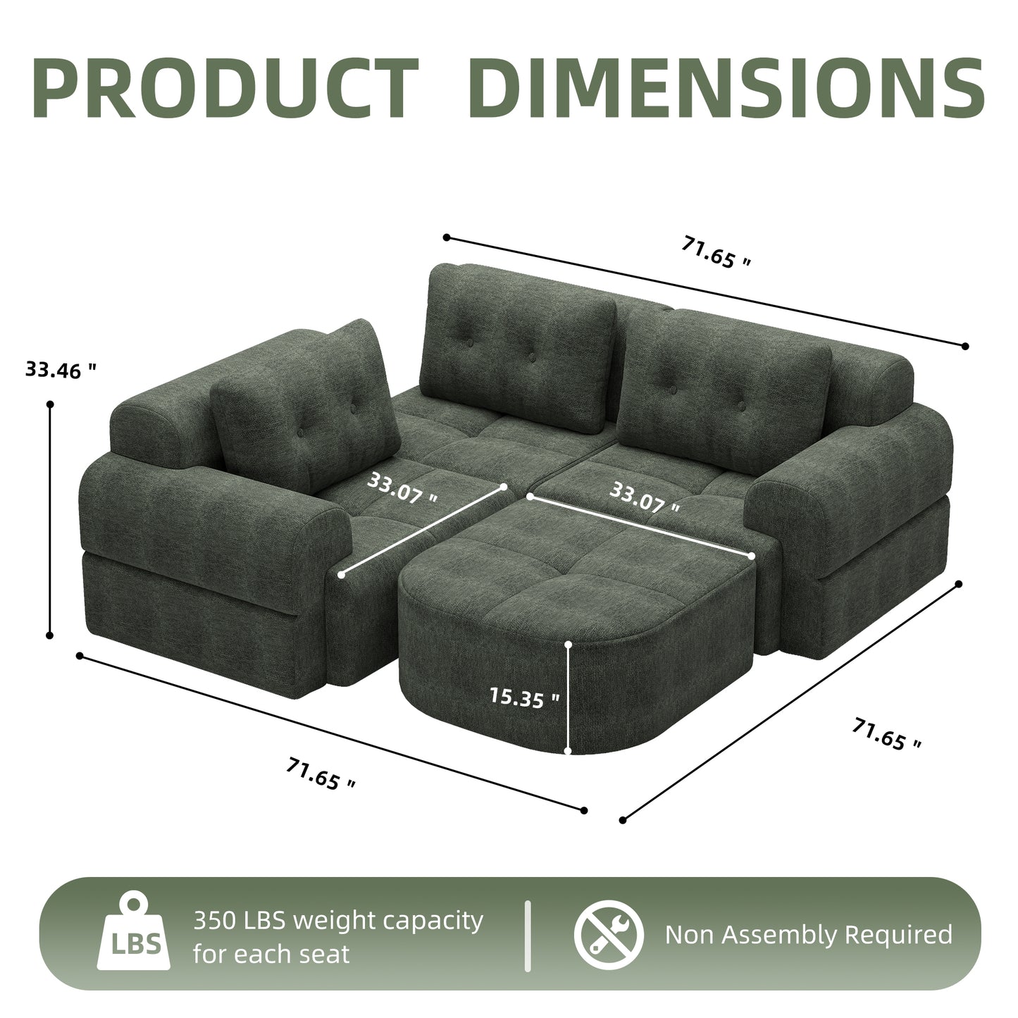 Modular Sectional Sofa with Chaise – Full-Foam Comfort, Chenille Fabric, Compression Packaged