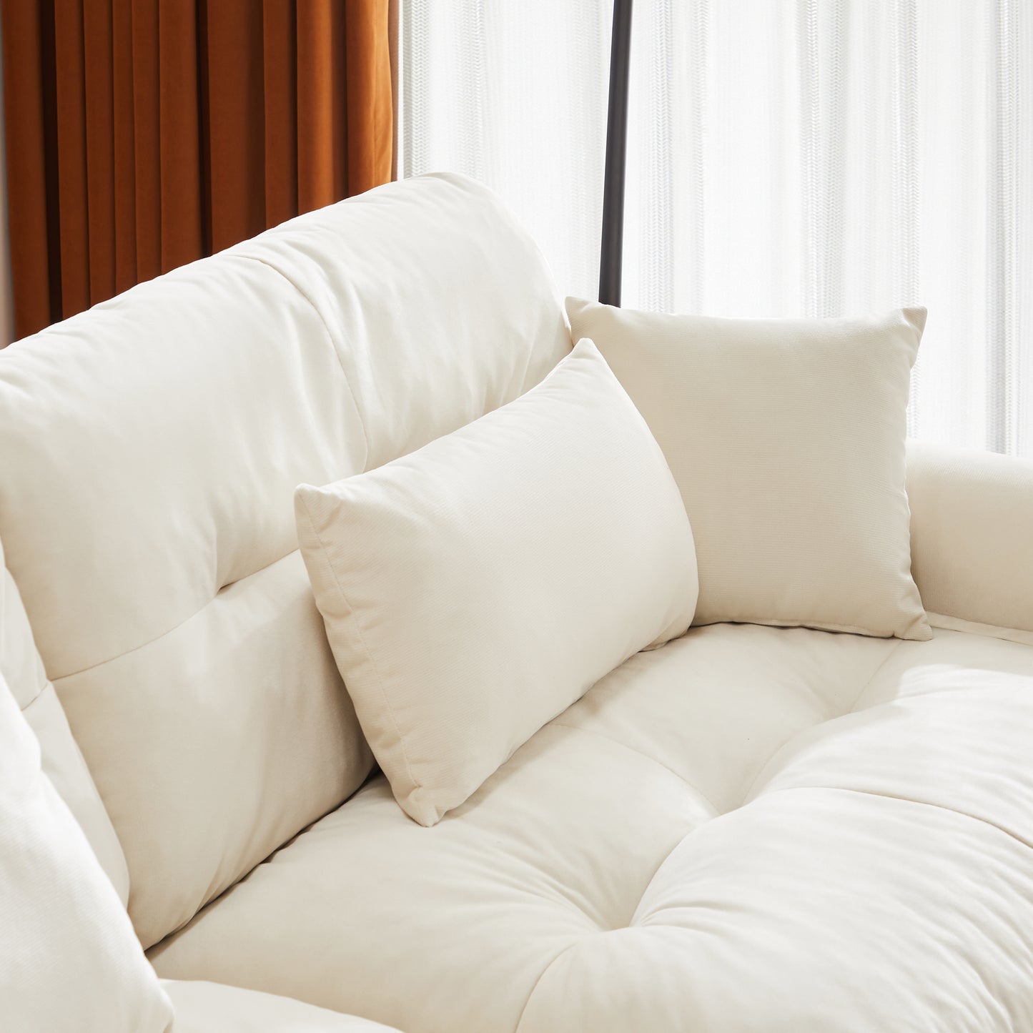 Deep Seat Cloud Couch in Cream: Modular Velvet Sectional with Bolstered Armrests 2-3-4 seats