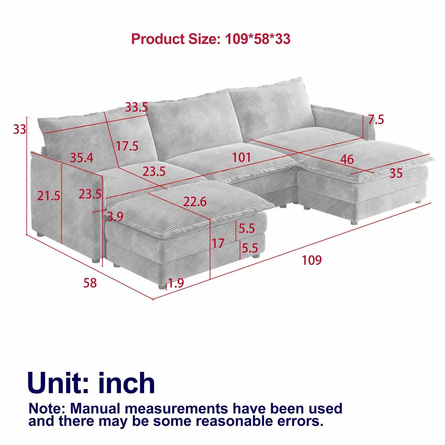 Corduroy fabric comfortable cloud sofa for living room 2 Seat - 4 Seat with ottoman
