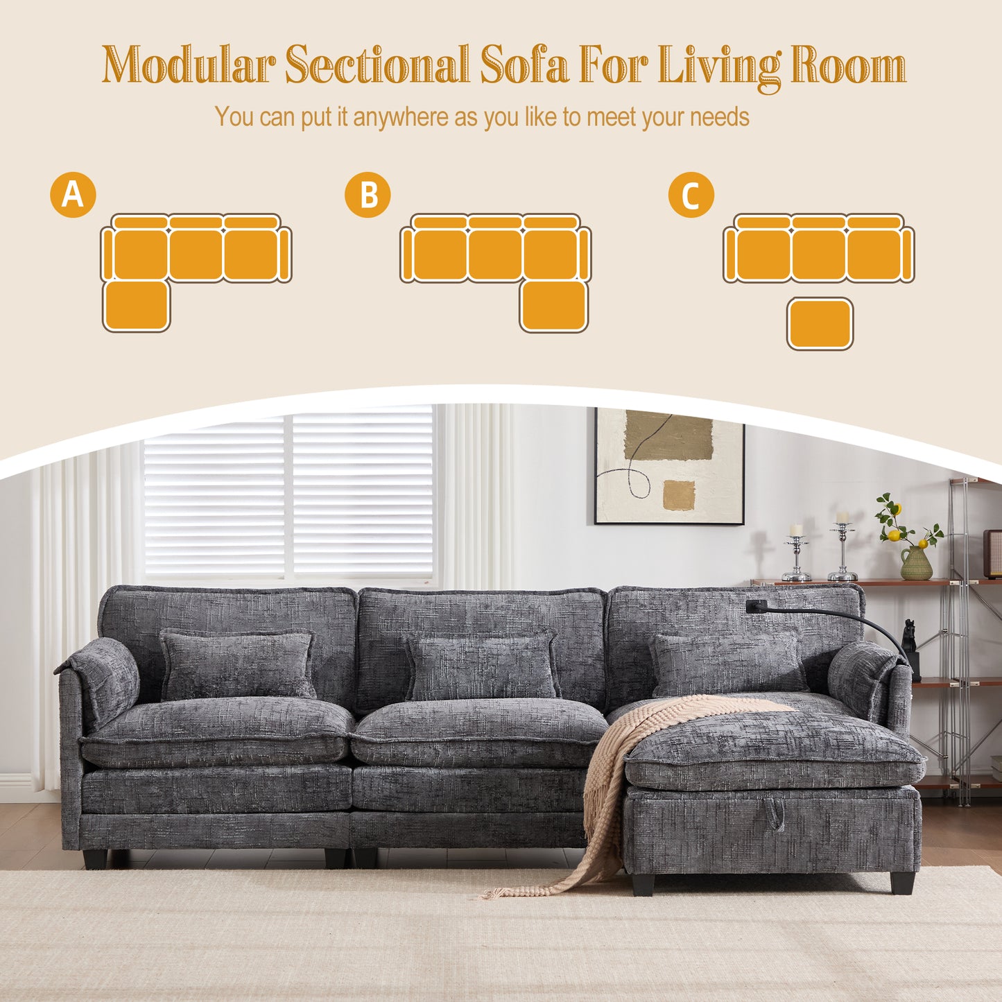 Modern Chenille L Shaped Couch, Comfy Boucle Modular Sofa Sleeper with Movable Storage Ottoman, Phone Holder, USB Charging Port