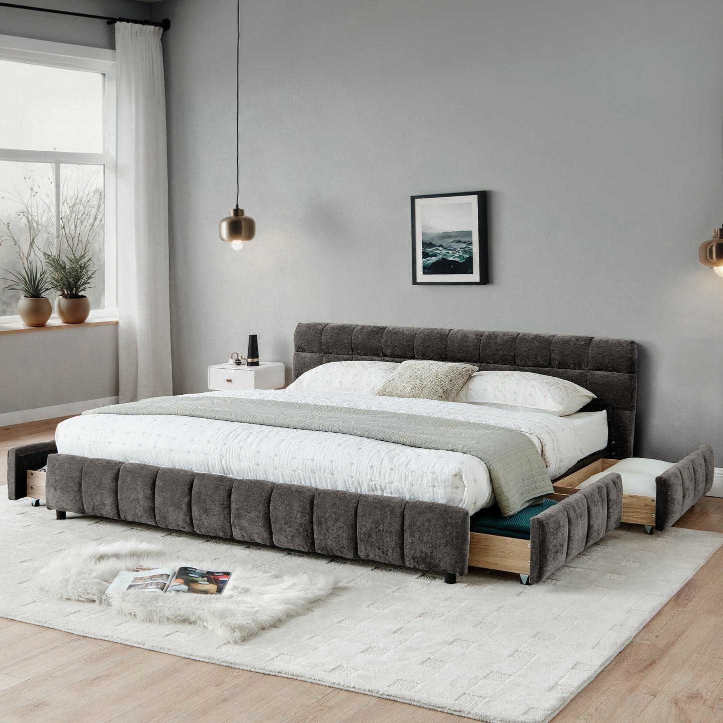 California King size Upholstered Bed Frame, Chenille fabric with headboard and solid bed frame. With drawer for storage