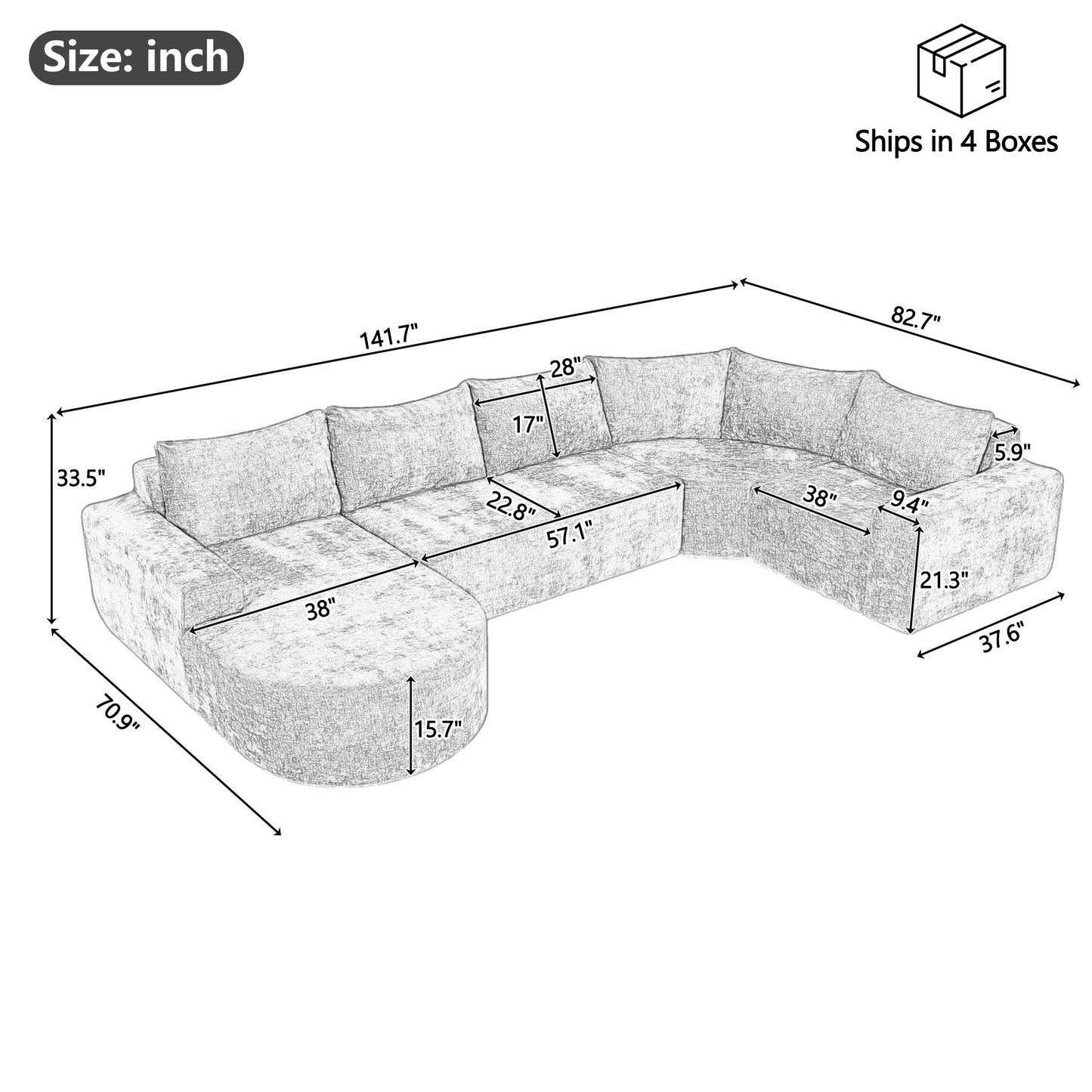 Oversized Cloud Sofa - 141.7", U-Shaped for Living Room