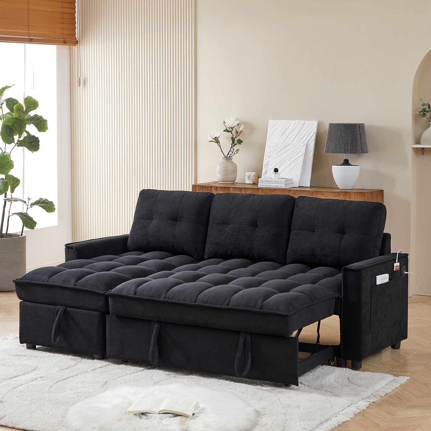 Pull-Out Sofa Bed with USB and tape-c charging ports, L-Shaped Sectional Sofa with Reclining Storage and Arm Side Organizer Pocket Features