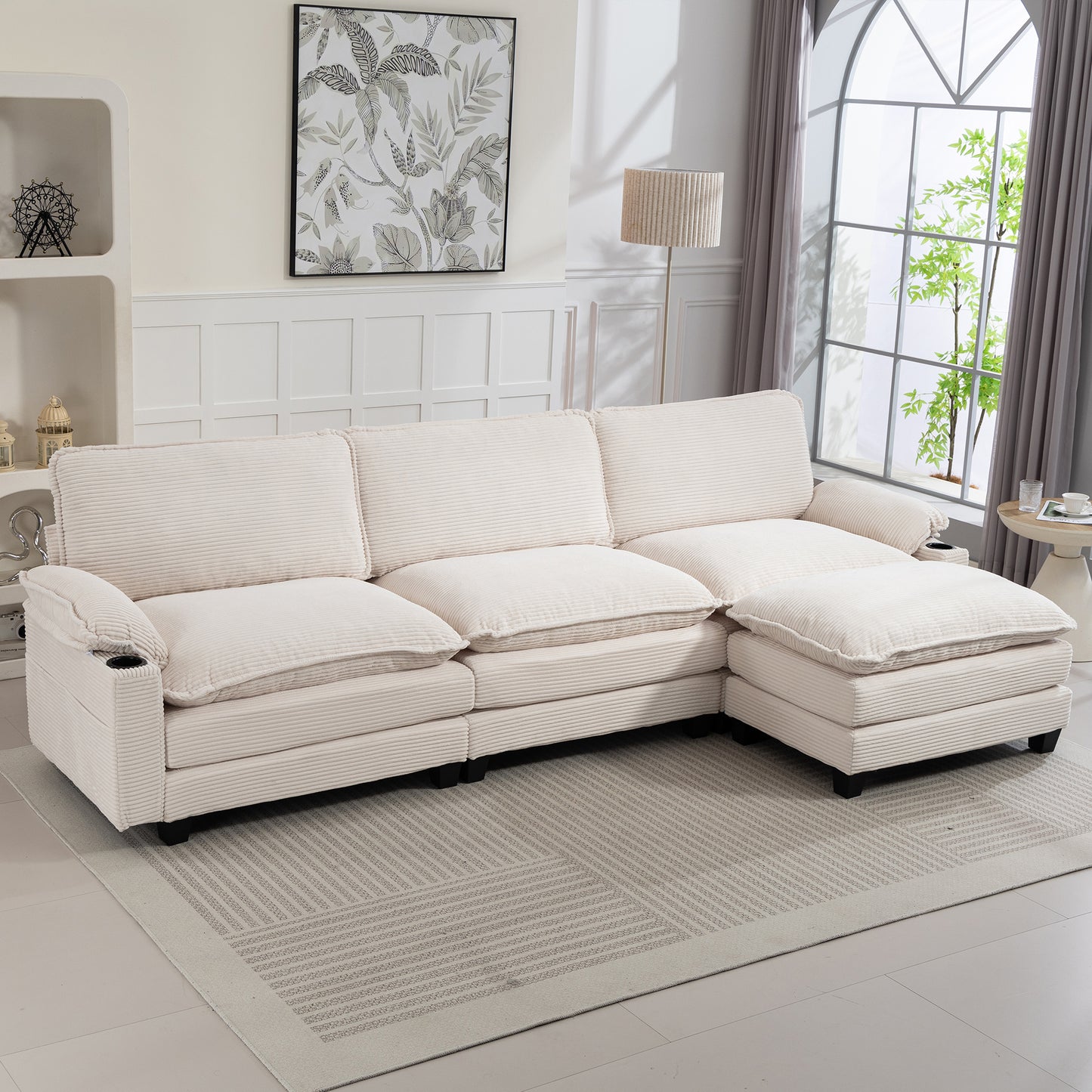 Modern 3+1 L-Shaped Corduroy Fabric Sofa – Modular Sectional Cloud Couch w/Ottoman, 35D Sponge, Cup Holders &amp; Storage