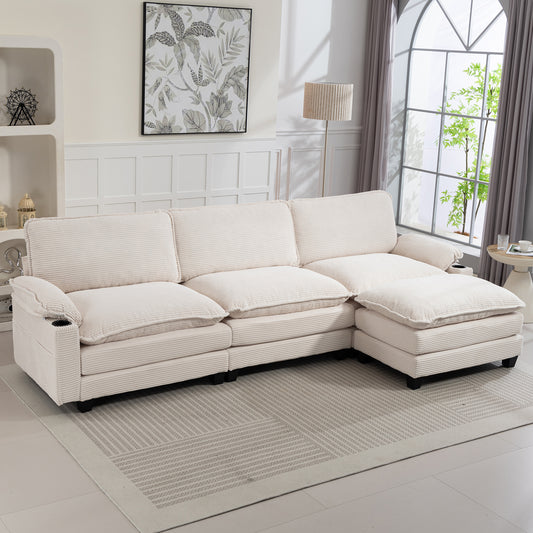 Modern 3+1 L-Shaped Corduroy Fabric Sofa – Modular Sectional Cloud Couch w/Ottoman, 35D Sponge, Cup Holders &amp; Storage