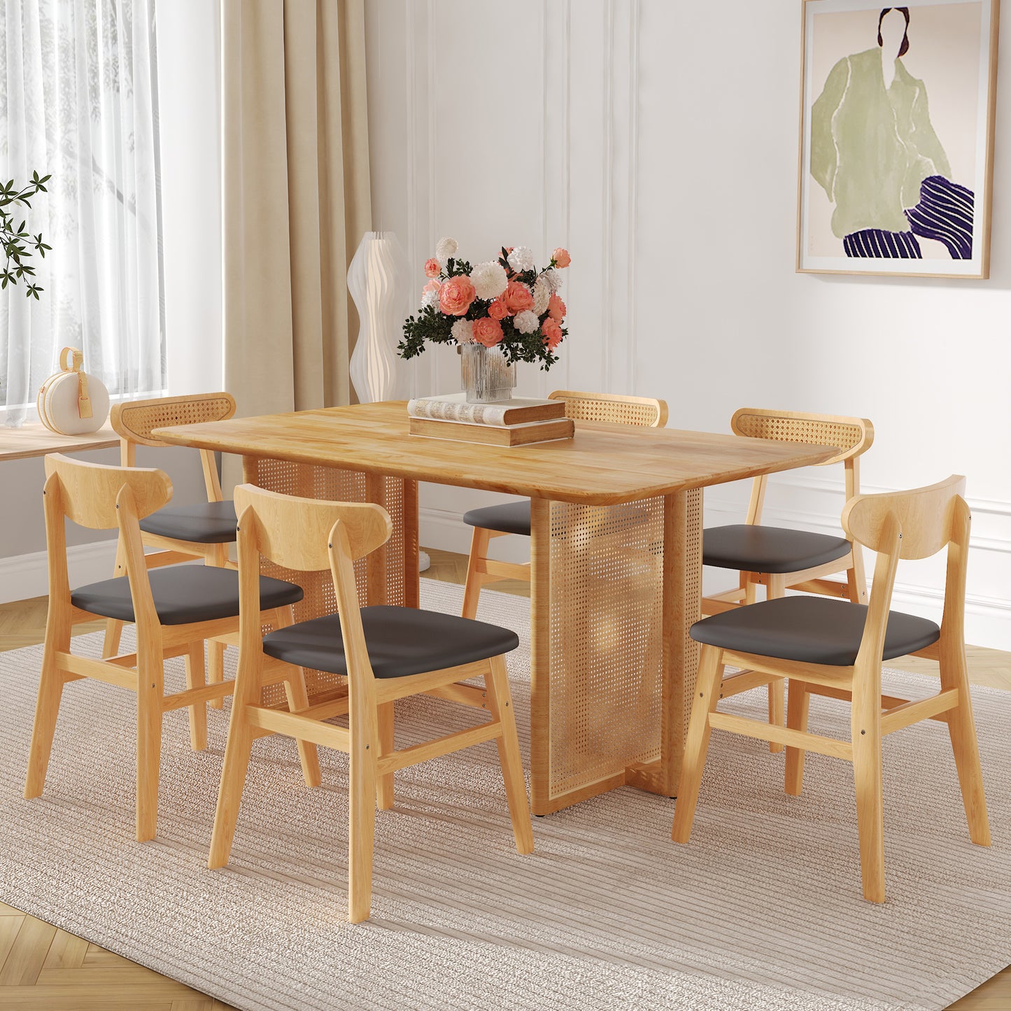 Ancient Style Solid Wood Dining Table Set: Imitation Rattan Legs, 4 - 6 Rubberwood Chairs