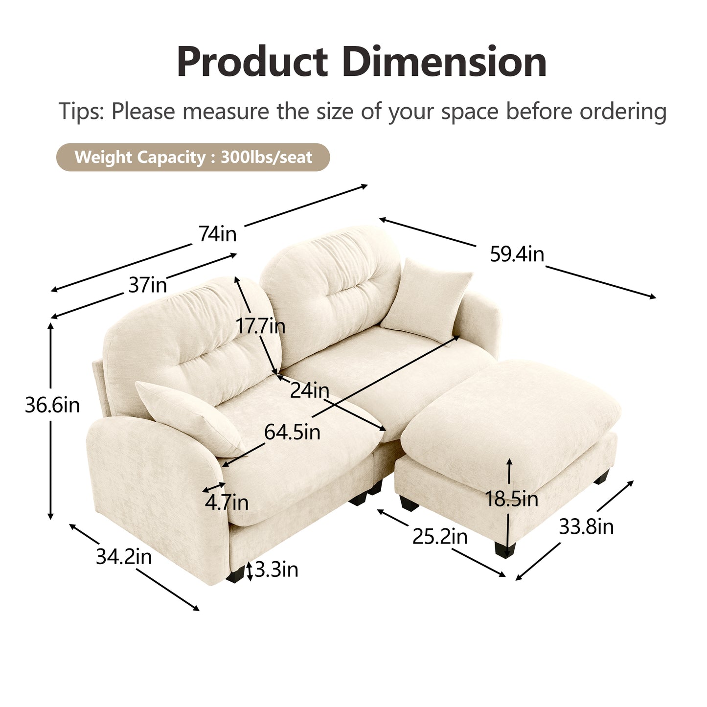 Modular Sectional Couch Chenille Fabric High-Density Foam 2-4 Seats ottoman Optional