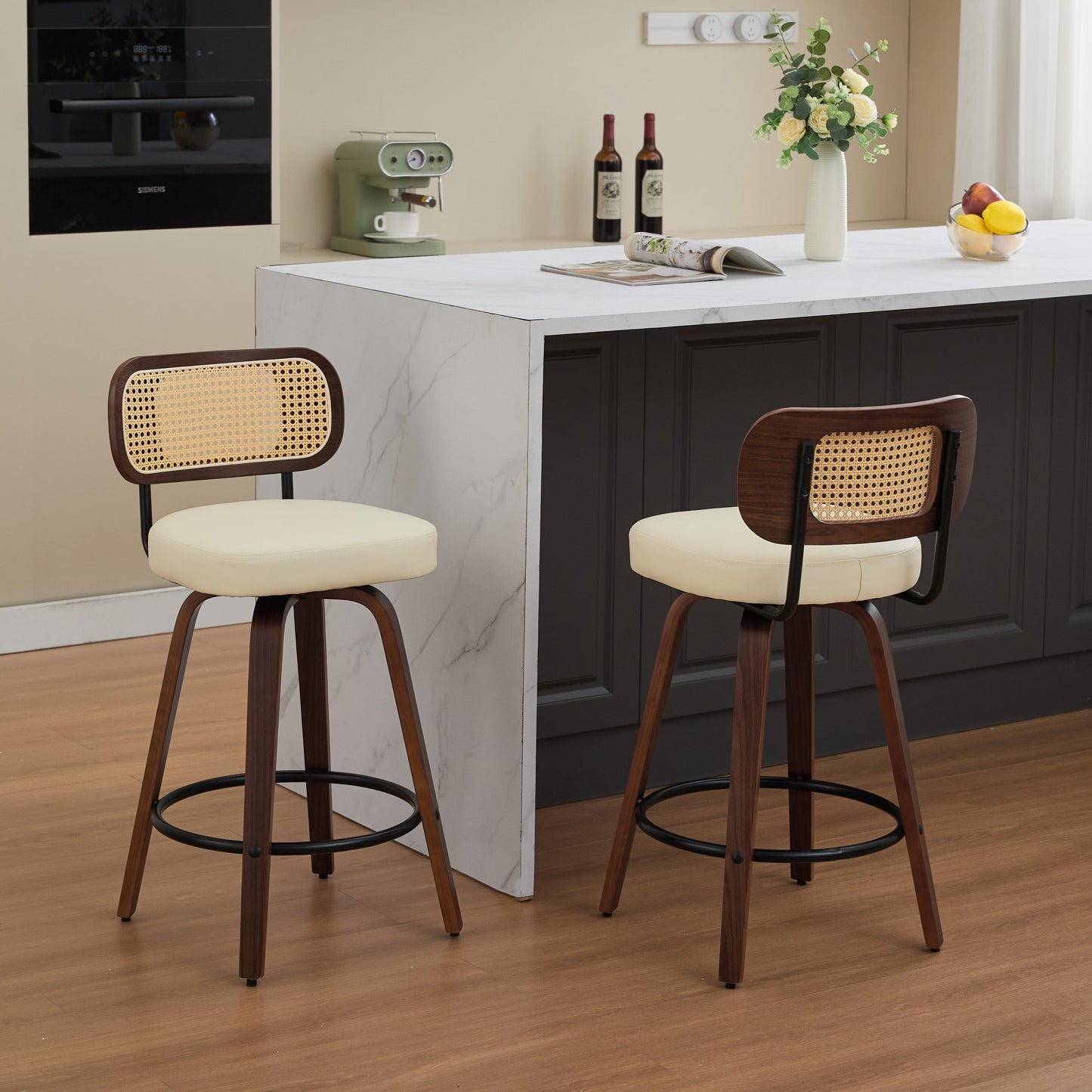 Counter Height Bar Stools with Cane Back, Upholstered Seat Swivel Counter Stools for Island/Kitchen/Counter/Bar