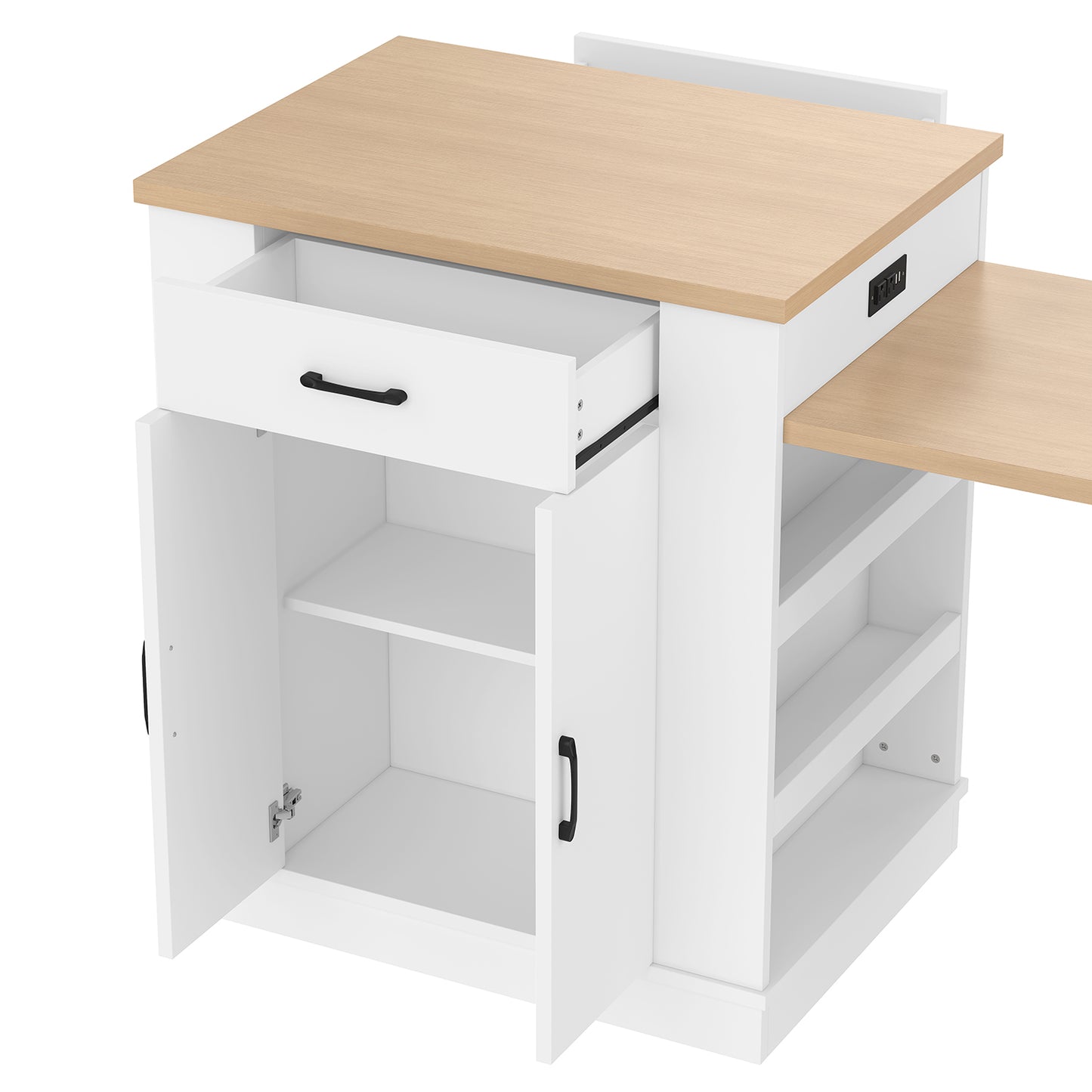 Extendable island console with drawers, double-door cabinet, and open shelving