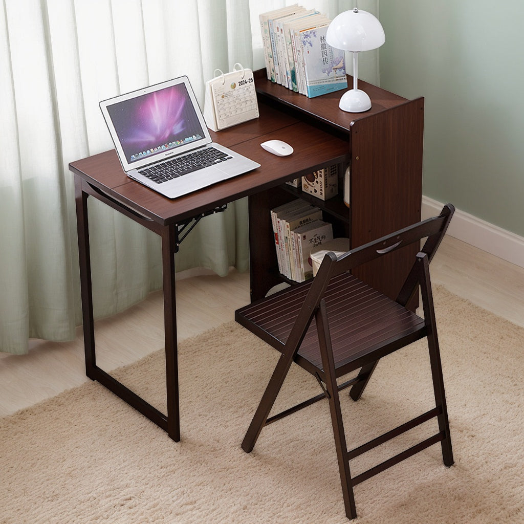 Foldable Desk Computer Desk with Hidden Storage for Small Space | Bamboo Folding Table – Natural/Walnut