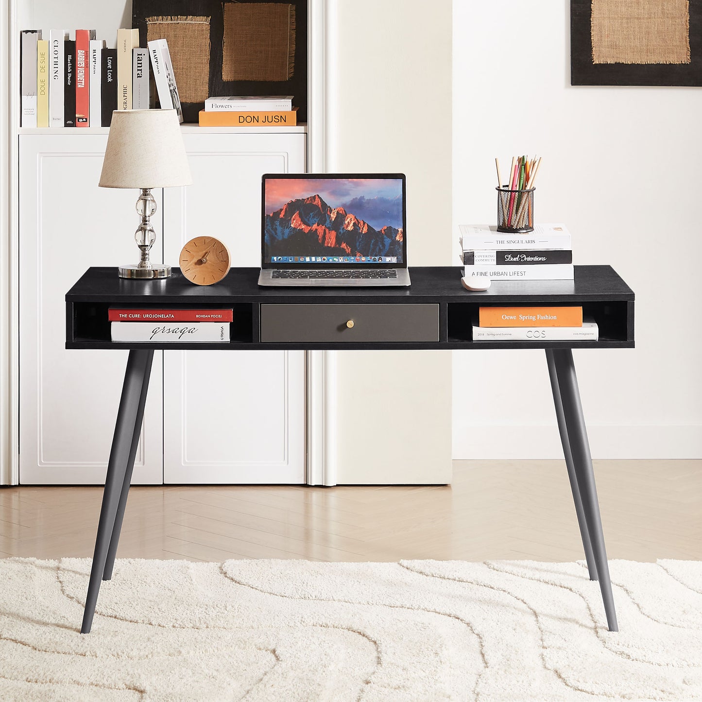 Mid - Century Modern Desk: USB Ports, Power Outlet, Drawers for Home Office