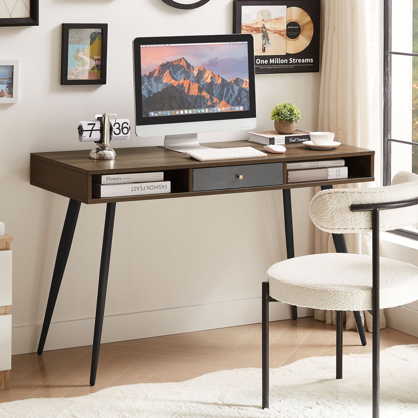 Mid - Century Modern Desk: USB Ports, Power Outlet, Drawers for Home Office