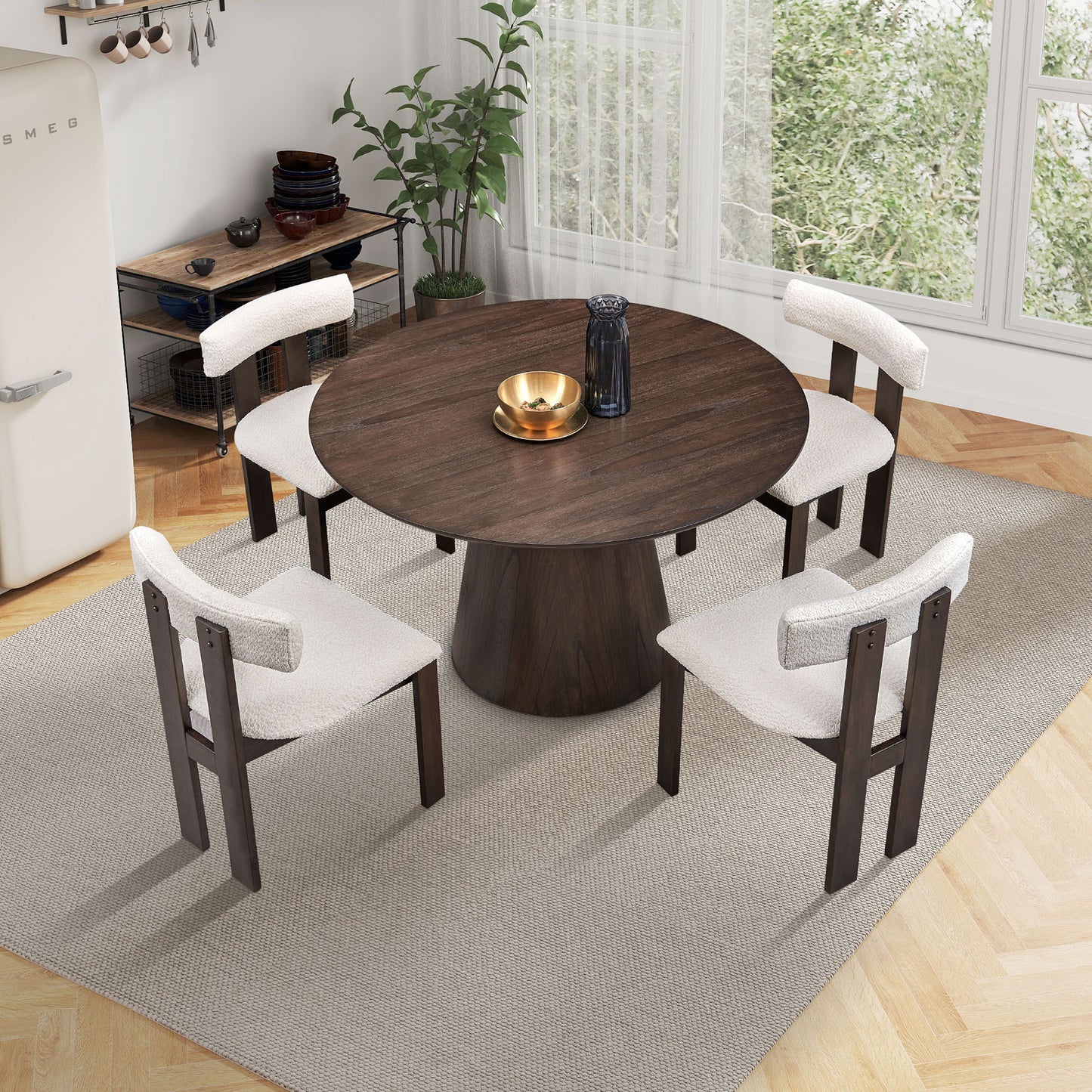 Modern Round MDF Wooden Dining Table and Boucle Upholstered Chair Ensemble