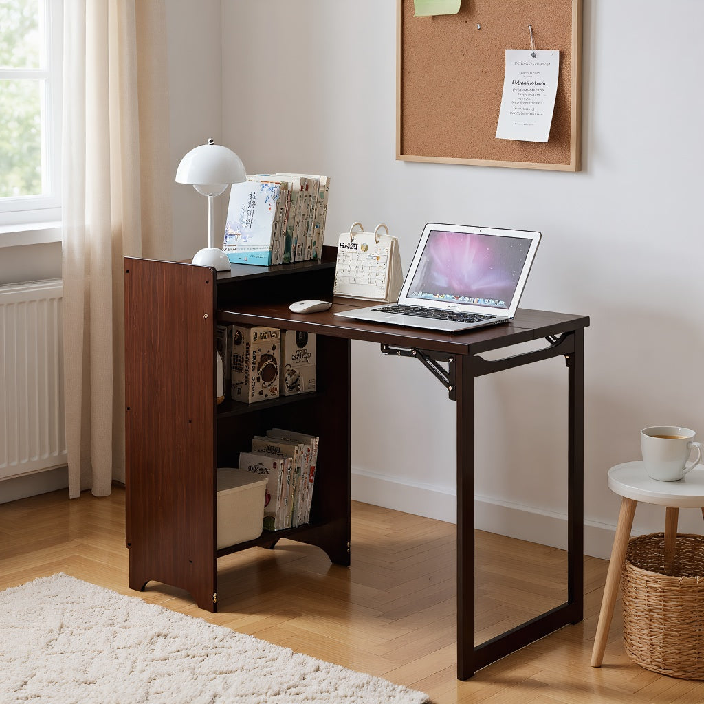 Foldable Desk Computer Desk with Hidden Storage for Small Space | Bamboo Folding Table – Natural/Walnut