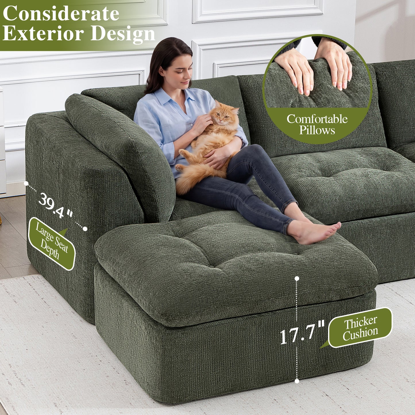 Modern Cloud-Style Living Room Sofa – Deep Seat Convertible L-Shaped Frame-Free Sofa with Ottoman, Oversized 4-Seater Chenille Fabric Compressed Sofa, Modular Sectional Sofa