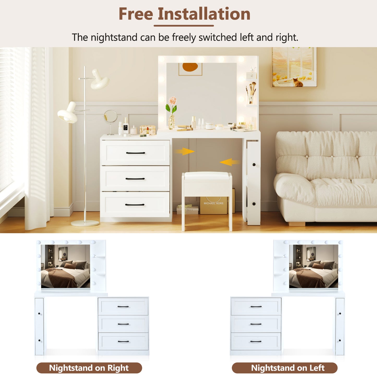 Makeup Vanity with Hollywood Lights: 5 Storage Drawers, 2 - Shelves, Freely Adjustable Side Cabine