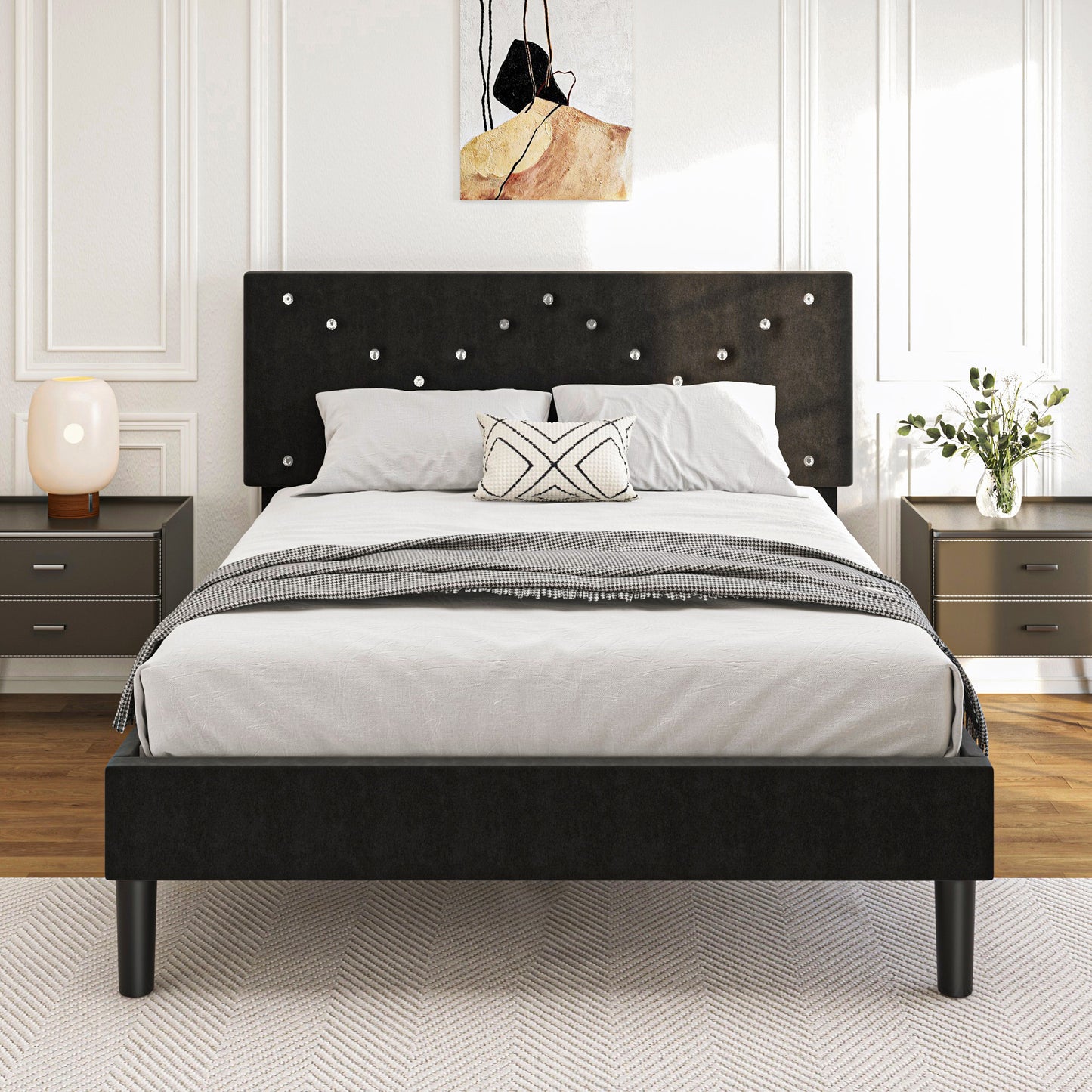 Modern Platform Bed Frame with Upholstered Headboard and Wooden Slats - Skip Box Spring, Easy Assembly