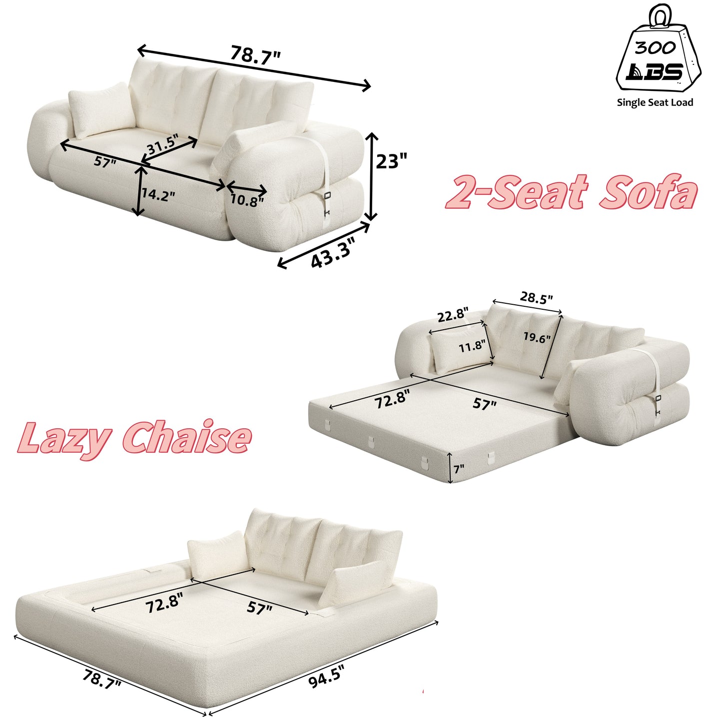 Multi-Functional Foldable Sofa Bed, 3-in-1 Teddy Fabric Foam-Filled Sleeper Sofa Bed for Living Room