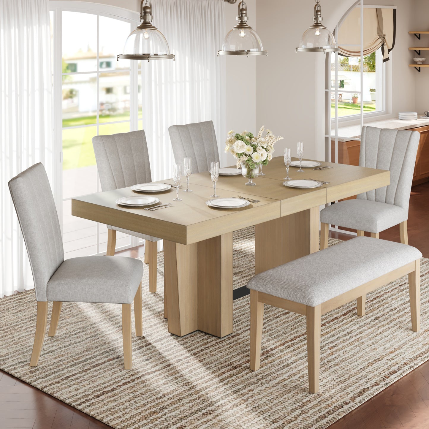 Extendable Wood Dining Table Set for 6, Kitchen Table Set with Bench and 4 Upholstered Chairs
