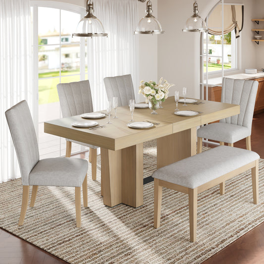 Extendable Wood Dining Table Set for 6, Kitchen Table Set with Bench and 4 Upholstered Chairs